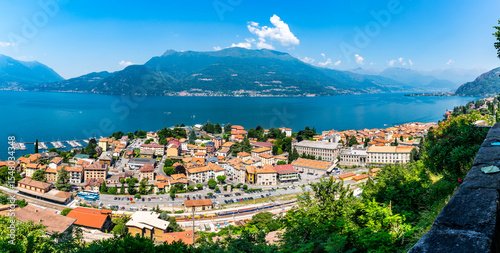 Panorama of the town of Bellano, with its buildings and its lakeside, on Lake Como.