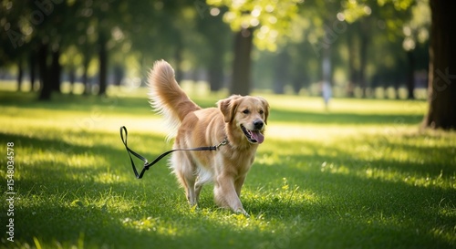 Golden Retriever strides through sundappled park leash trailing tongue out.