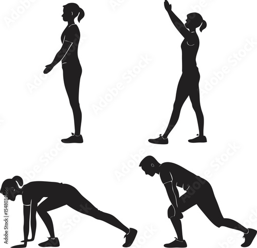 Fitness Silhouettes: Four distinct fitness poses; woman standing, woman stretching, woman lunging, man lunging with weight.  Illustrating a diverse workout routine.