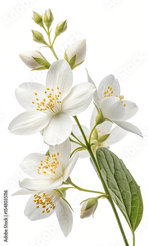 Close-up of delicate white jasmine blossoms and green leaves against a pure white background