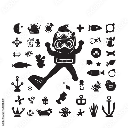 A cartoon diver is surrounded by various underwater icons and symbols, isolated on white background