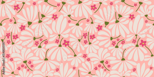 Cute Abstract Pink Groovy Exotic Tropical Flowers in a Seamless Pattern. Vector Illustration.