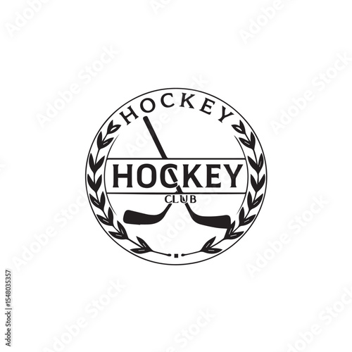 Hockey club logo featuring crossed hockey sticks within a laurel wreath, isolated on white background