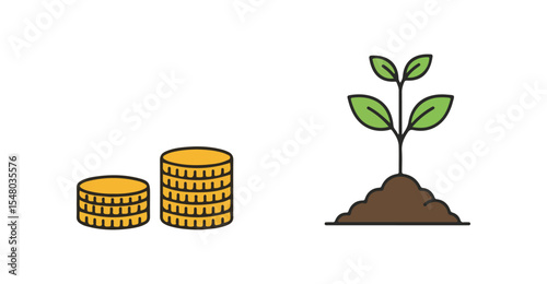 Money Bag & Coin Stack flat vector icon, Coin Stack Plant icon, suitable for design and infographic applications