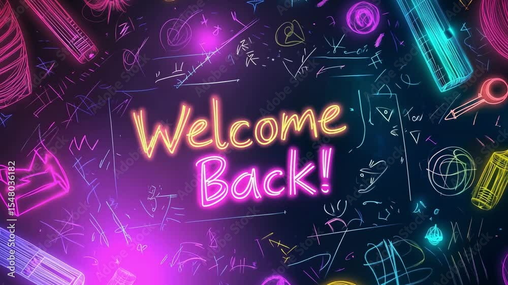 A vibrant welcome back message showcases colorful neon text against a school chalkboard backdrop filled with drawings and patterns