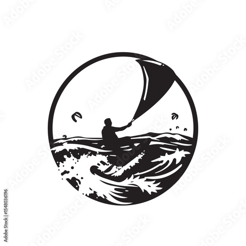 Kitesurfer silhouette on a wave in a circle design
