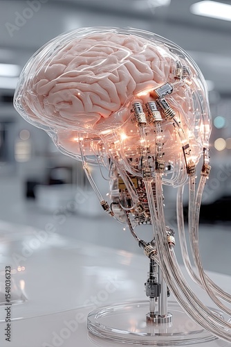 Human brain with wires and sensors. The birth of artificial intelligence. Digitalization of thinking. A human brain with sensors illustrates the merging of biology and technology.