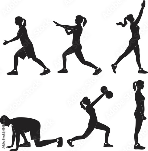 Silhouette workout: A compilation of athletic silhouettes illustrating dynamic exercises in a monochromatic portrayal. Capturing strength, focus, and fitness.