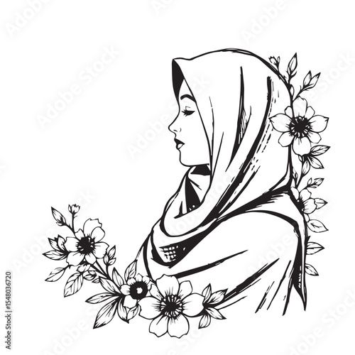 Profile of a woman wearing a hijab with flowers around her