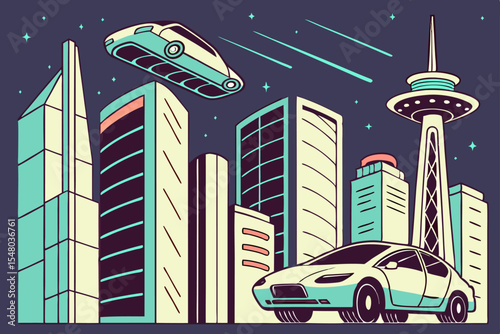 Futuristic cityscape with levitating cars vector illustration