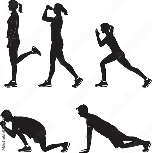 Fitness Silhouette Series: A dynamic series of silhouettes showcases various fitness exercises, capturing the essence of movement, strength, and healthy living through elegant black forms.