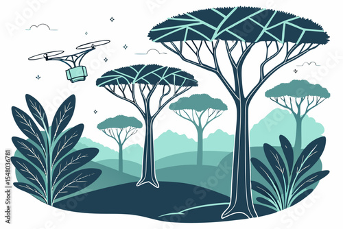 Futuristic jungle landscape with crystalline trees
