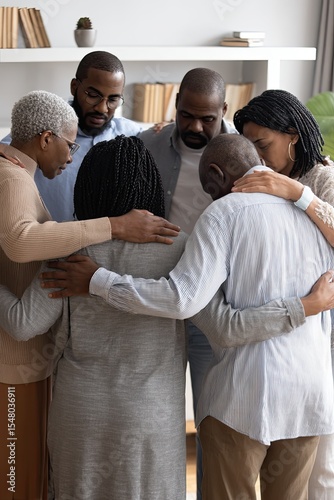 Group therapy and support - middle aged men and women hug, supporting each other during psychological practice. The warmth of hugs creates a safe space for emotional healing.
