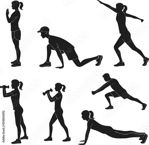 Dynamic Fitness Silhouettes: Energetic silhouettes of diverse individuals showcase a range of dynamic fitness poses, set against a neutral backdrop, capturing motion and energy.