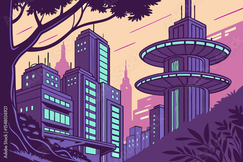 Surreal ai cityscape with floating platforms vector illustration