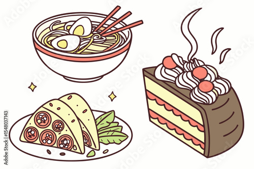 Maximalist ramen and tacos food illustrations