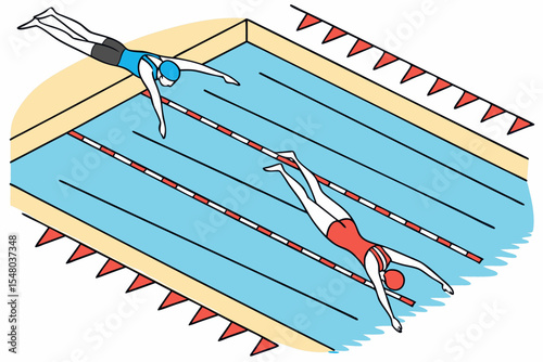 Swimming pool with divers and lanes vector illustration