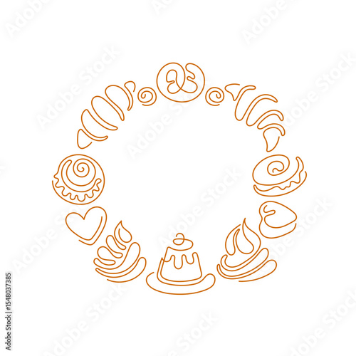 Bakery circle emblem. Vector line croissant, cake