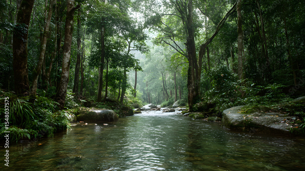 Obraz premium A serene view of a misty rainforest river, surrounded by lush greenery and towering trees.