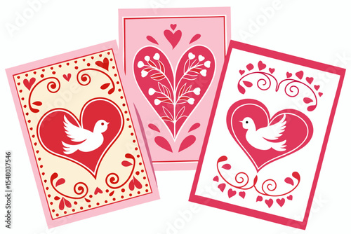 Festive valentine s day cards with hearts and floral designs