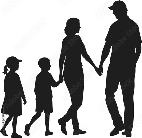 Family Silhouette in Unity: A monochrome silhouette of a family, a symbol of love and unity, walking hand in hand, capturing the essence of togetherness and familial bonds.