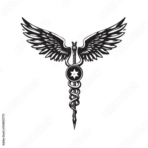 Caduceus with wings and star of david isolated on white background
