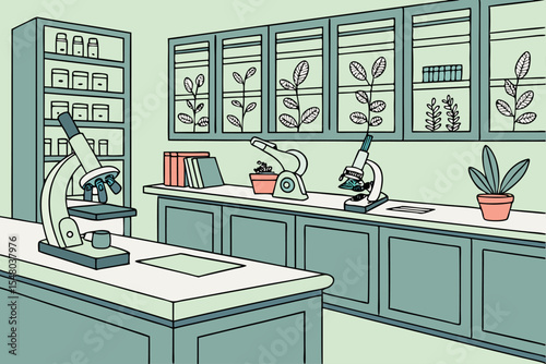 Biology lab illustration microscopes plants and scientific equipment