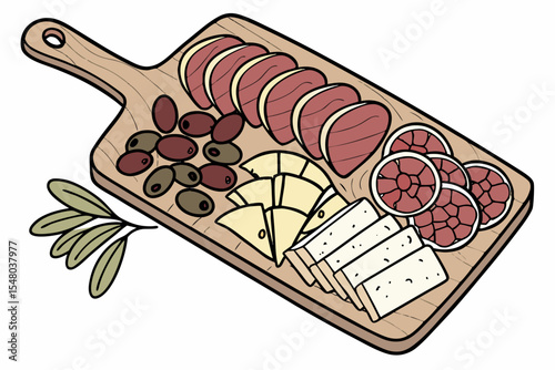 Charcuterie board vector illustration meats olives and cheese