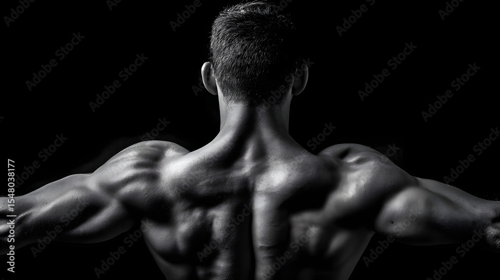 A muscular male figure, showcasing impressive shoulders and back muscles in a dramatic black and white composition. A muscular male figure, showcasing impressive shoulders and back muscles in a dramatic black and white composition.