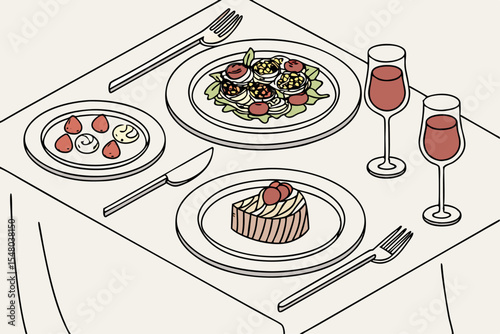 Elegant fine dining table setting with plates and wine glasses