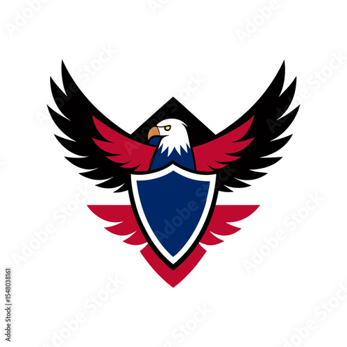 bald eagle with wings spread wide over a shield vector art