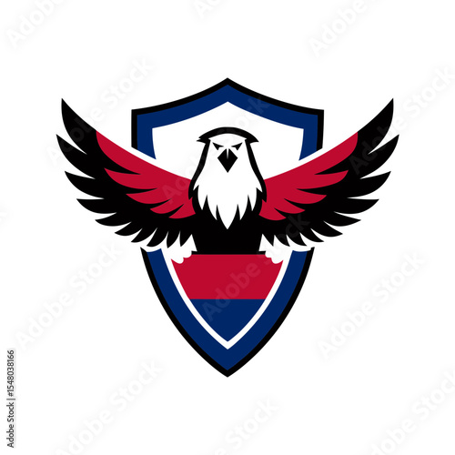 bald eagle with wings spread wide over a shield vector art