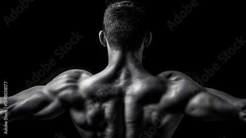 A muscular male figure, showcasing impressive shoulders and back muscles in a dramatic black and white composition.