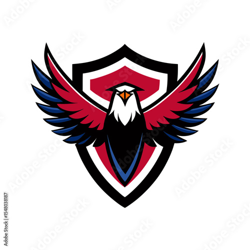 bald eagle with wings spread wide over a shield vector art