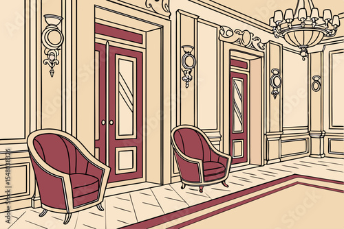 Ornate parlor interior with velvet chairs vector design