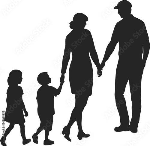 Family Silhouette Walking: A heartwarming silhouette of a family—mother, father, daughter, and son—walking hand-in-hand, symbolizing unity, love, and togetherness.