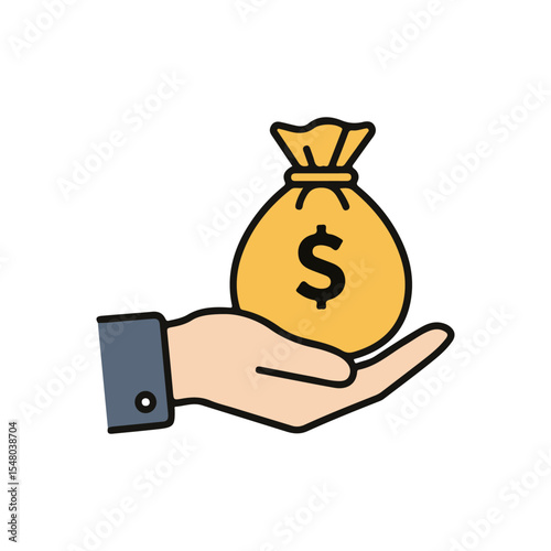 Money Bag & Coin Stack flat vector icon, Hand Holding Money Bag icon, suitable for design and infographic applications