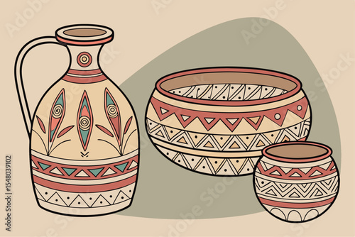 Boho tribal pottery set etched designs and patterns