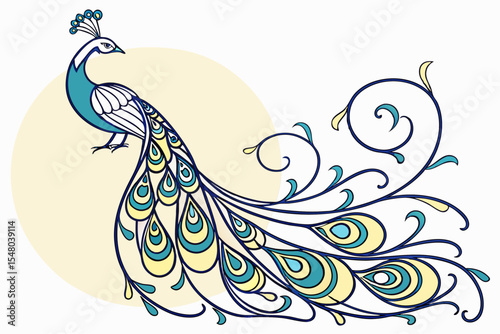 Art nouveau peacock vector illustration with flowing tail design