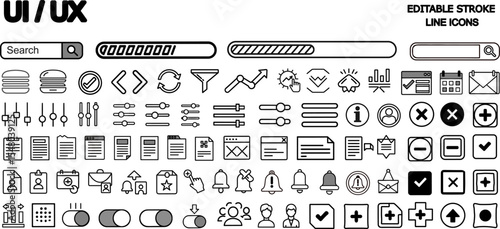 UI/UX Line Icon Set. Editable Stroke Vector Design. Includes essential interface elements such as search bars, sliders, progress bars, buttons, checkboxes, alerts, profile icons, filters, and more.