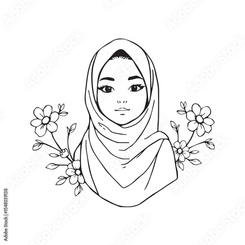 Woman wearing a hijab with flowers isolated on white background