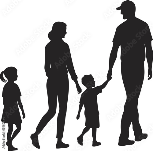 Family's Gentle Stroll: A silhouette captures a loving family, hand in hand, embarked on a shared journey of togetherness. Silhouette portrays the warmth of kinship.
