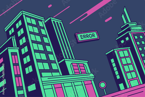 Cyberpunk glitch cityscape distorted urban vector art