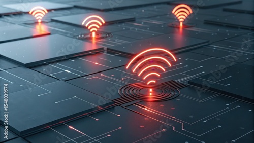 A futuristic digital circuit board displays glowing red Wi-Fi icons, symbolizing wireless connectivity and advanced technology integration.