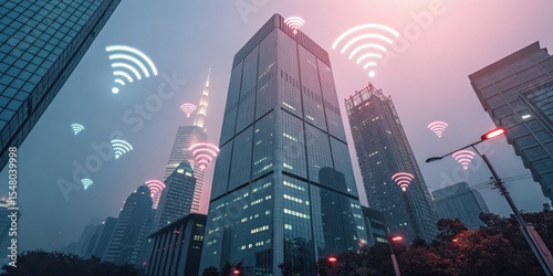Modern city skyscrapers with glowing Wi-Fi symbols, illustrating urban connectivity and wireless communication technology.