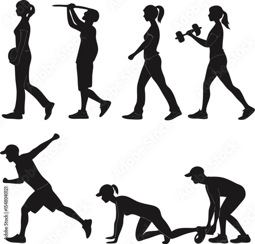 Diverse Fitness Silhouettes: A dynamic collection of silhouettes showcases diverse individuals engaged in various fitness activities, representing health, vitality, and active lifestyle.