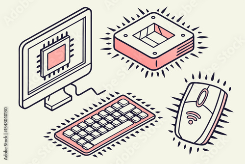 Glitchy tech icons screens chips and circuitry