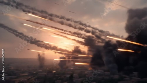 Dramatic aerial bombardment, rockets falling over city amidst smoky sky backdrop