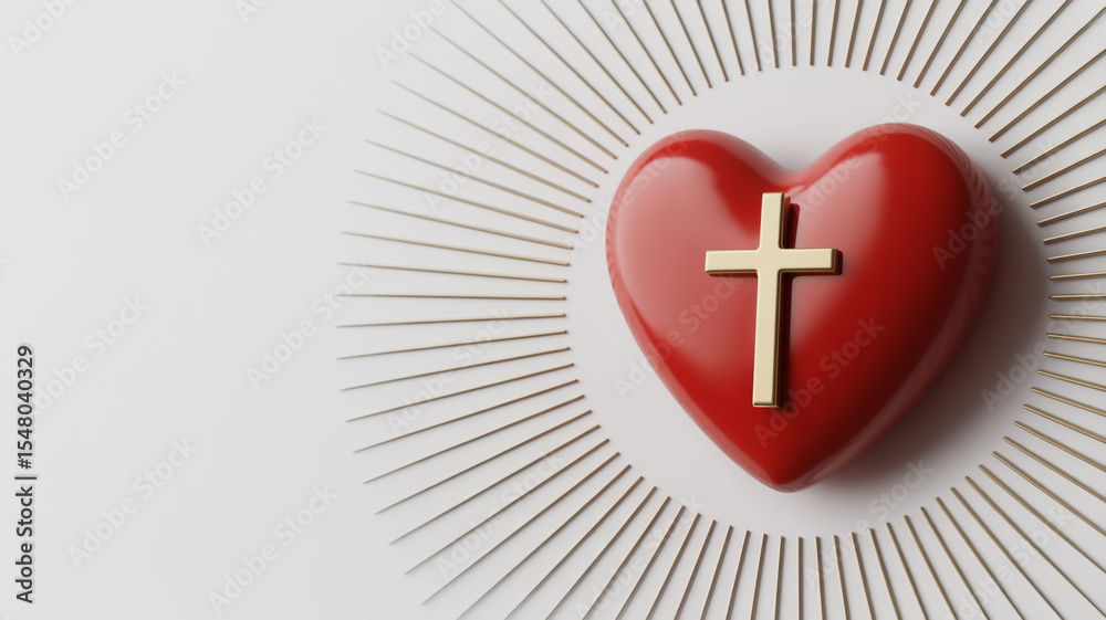 Fototapeta premium A high-contrast photograph of a red heart symbol with a golden Christian cross centered on its surface, positioned against a pure white background
