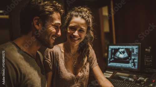 Expecting couple watching baby's image on ultrasound, joy and tears 